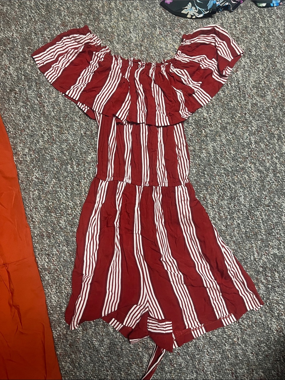 H&M Red and White Striped Off-Shoulder Romper with Ruffle